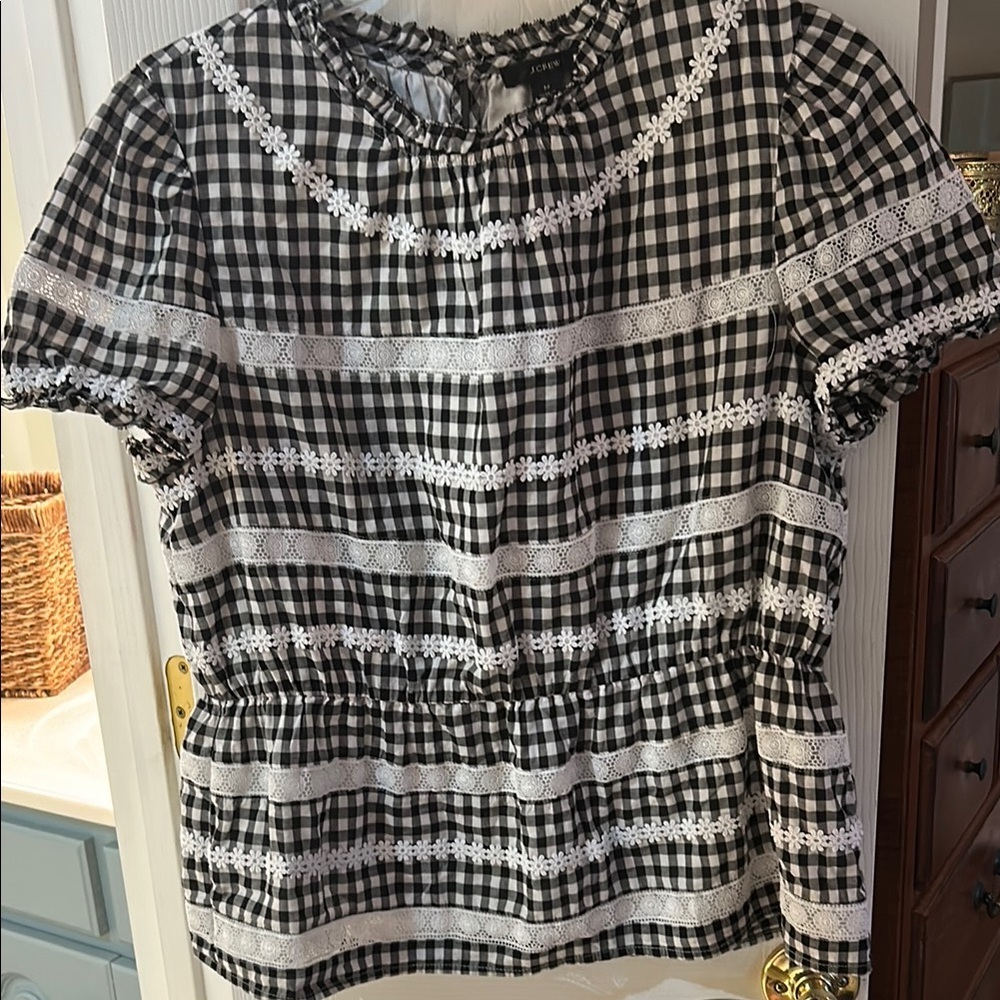 J. Crew Black and White Gingham Daisy Chain SZ M Top with Lace